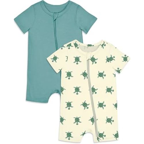 Jimonda Baby Rompers Cotton Boys Girls Short Sleeve Sleepers Pajamas Pjs | Two Way Zipper, Neutral Sleep and Play, Soft, Lightweight, One-piece, Unisex Infant Clothes, Breathable, Summer, 2 Packs