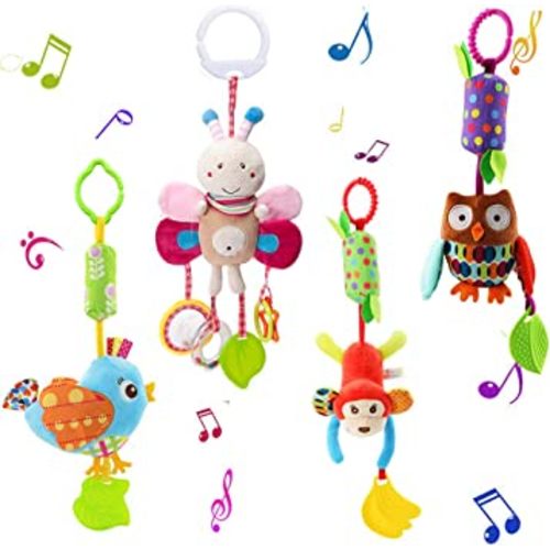 Sealive 4 Piece Baby Stroller Toy Sensory Musical Toys, Soft Rattles Hanging Plush Activity Crib Car Seat Toys for Babies Boy Girl