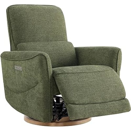 CHITA Power Nursery Rocking Chair, Swivel Glider Recliner Chair with Solid Wood Base, Bulit-in USB & Type-C Charging Ports for Living Room, FSC Certified, Moss Green