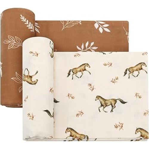 LifeTree Baby Swaddle Blankets, Boys Girls Muslin Swaddling Wrap Receiving Blanket for Newborn, 70% Viscose from Bamboo and 30% Cotton, Large 47" x 47", Horse & Leaf