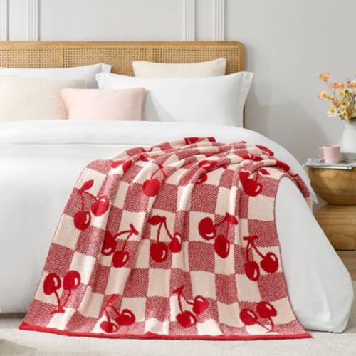 Red Cherry Pattern Throw Blanket Reversible Knit Throw Checkered Blankets 50*60" Snuggle Sac