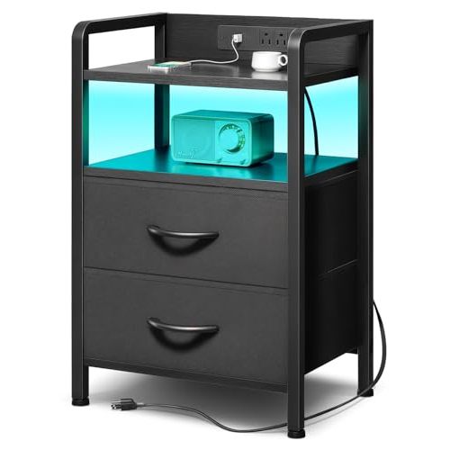 Lazzanto Night Stand Bedside Charger Bedroom - Nightstand with Charging Station & LED Light Strip, Night Stand with Storage Shelf & 2 Fabric Drawers, Morden End Table with U-S-B Ports & AC Outlets