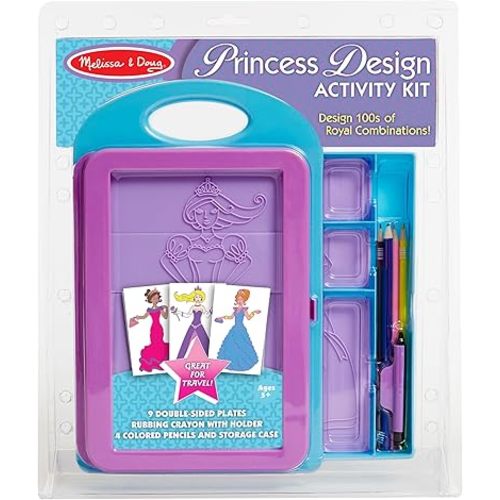 Melissa & Doug Princess Design Activity Kit - 9 Double-Sided Plates, 4 Colored Pencils, Rubbing Crayon