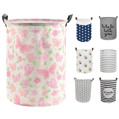 Sortora Large Laundry Basket, Waterproof Canvas Laundry Hamper, Collapsible Storage Basket Bin for Kids Room, Toy Organizer, Nursery Hamper, Clothes Hamper, Flower Butterfly
