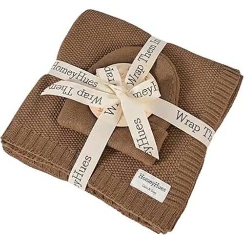 Luxury Baby Gift Set for Newborns - 100% Cotton Knit Blanket Essentials with Matching Beanie, Thoughtful Baby Shower & New Baby Gift for Boys & Girls(Caramel)