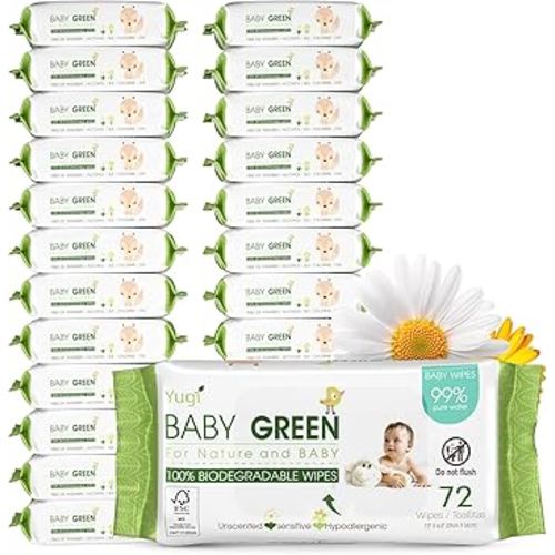 Yugi Green Baby Wipes – Unscented, Compostable, Biodegradable, Plant-Based, Fragrance-Free, for Sensitive Skin & Babies – 24 Packs of 72 (1728Count)