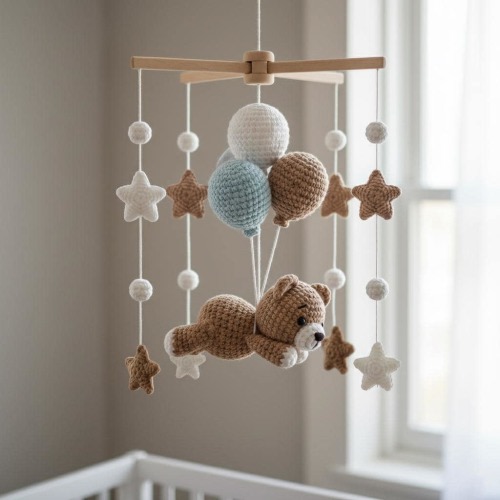 Crochet Teddy Bear Baby Mobile, Nursery Decor, Baby Plush, Crochet and Macramé, Amigurumi Crochet Mobile, Baby Shower Gift, Newborn Gift