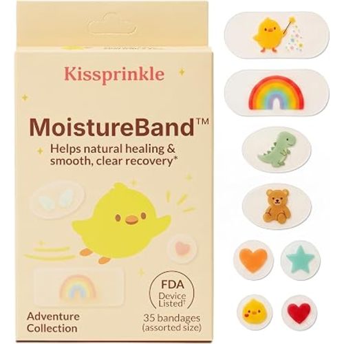 MoistureBand, Fast Healing Hydrocolloid Bandages for Kids, Waterproof & Gentle on Skin (Adventure Collection, 35 Count)