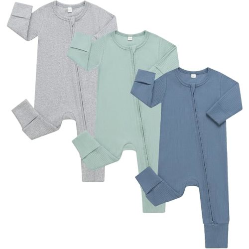 Bafeicao 3 Pack Baby Boy Girl Rompers with Mitten Cuffs, Ribbed Cotton 2 Way Zipper Romper One Piece Jumpsuits Clothes