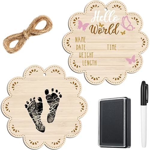 Thyle Baby Announcement Wooden Name Sign for Hospital Birth Double Sided Newborn Welcome Sign with Marker Pen and Ink Pad for Baby Shower Hand Footprints (Pink Butterfly)