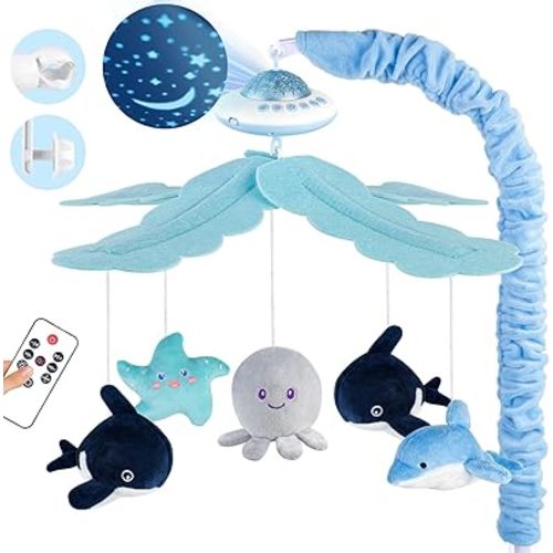 Baby Crib Mobile with Music and Lights, Nursery Baby Mobile for Crib Bassinet with Remote Control, Rotation, Starlight Projection, Crib Toys for Babies Boys Girls Blue