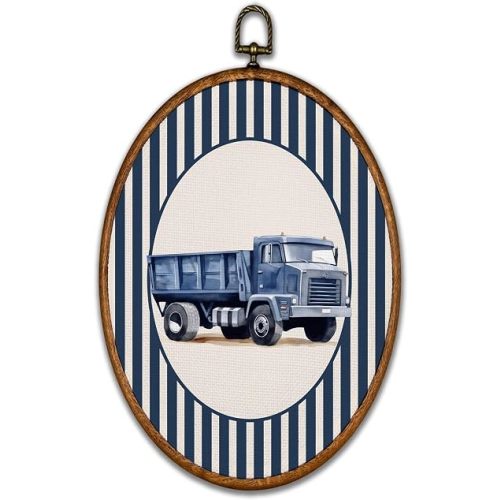 BCUANGD Vintage Dump Truck Oval Wall Art Decor - Retro Striped Vehicle Nursery Wall Art Canvas Frame Artwork Prints, Boy Transport Oval Wall Hanging Decorations for Home Bedroom, 8.6"x11.4"