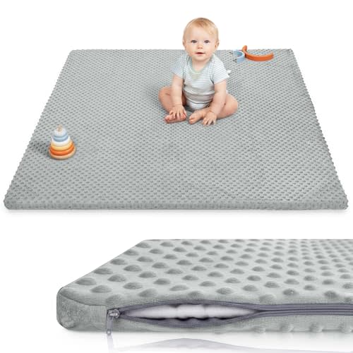 Baby Floor Play Mat for Playpen, Extra Thick 50x50 Inches Padded Mat with Ultra Soft 3D Minky Dot & Removable Washable Cover, Non-Slip & Safe for Crawling,Tummy Time,Infant/Toddler (Grey)