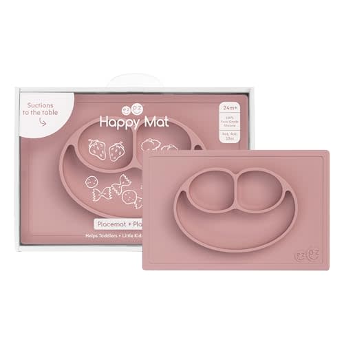 ezpz Happy Mat (Blush) - 24 Months+ - 100% Silicone Suction Placemat + Divided Plate with Three Compartments - Toddler + Preschool Essentials