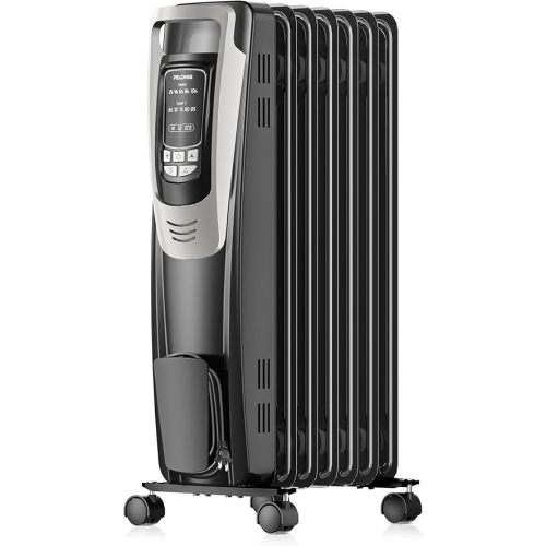 PELONIS Radiator Heater for indoor use Large Room with Remote, Thermostat & LED Display, Quiet Oil Filled Heater with 5 Temperature Settings, Overheat & Tip-Over Protection, Silver
