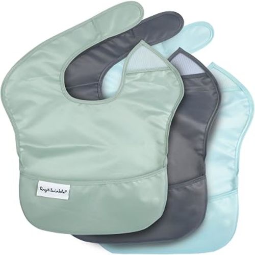 Tiny Twinkle Mess-Proof Baby Bibs for Eating | Waterproof, Wipeable Toddler Bibs with Catch-All Pocket | Feeding Bibs for Girls & Boys(3 Pack,Sage, Charcoal)