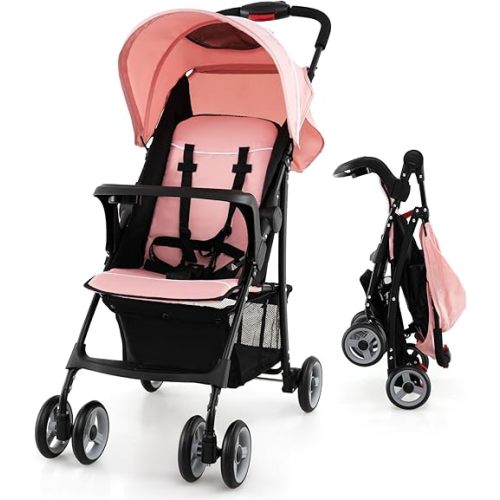 Baby Joy Lightweight Stroller, Compact Toddler Travel Stroller for Airplane, Infant Stroller w/Adjustable Backrest/Footrest/Canopy, 5-Point Harness, Storage Basket, Easy One-Hand Fold (Pink)