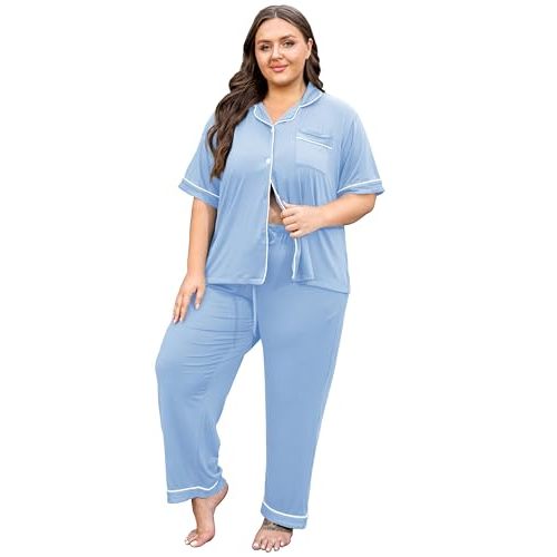 Vozanet Women's Plus Size Pajamas Button Down Shirt and Pants Soft Lounge Sets Bride Nighty Bottom with Pockets 1x to 5x