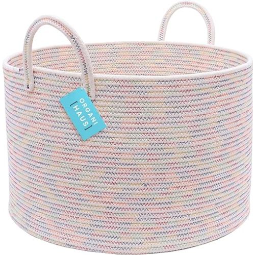OrganiHaus Extra Large Woven Laundry Basket W/Handles, Decorative Blanket Basket for Living Room & Nursery, Kids Toy Organizer & Storage, Soft Round Dog Toy Storage Bin - 20"x13" in, Stitches Rainbow