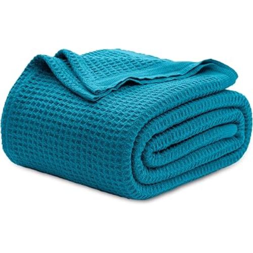Bedsure 100% Cotton Blanket, Waffle Weave, Queen Size, Teal Blue, 90"x90"