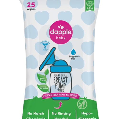 Breast Pump Wipes by Dapple Baby, Hypoallergenic & Powered by Plants, Removes Milk Residue, Leaves No Taste, Convenient Wipes Pouch, Fragrance Free, 25 Count (Pack of 1)