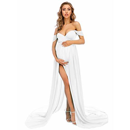 ZIUMUDY Maternity Dress for Photoshoot Photography Split Front Sheer Chiffon Off Shoulder Maternity Gown