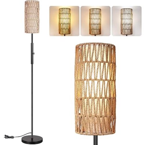 PARTPHONER Boho Floor Lamp for Living Room with 3 Color Temperatures LED Bulb, Standing Lamp Tall Lamp Reading for Bedroom, Office, Kids Room (9W LED Bulb, Rattan & Fabric Shades Included)