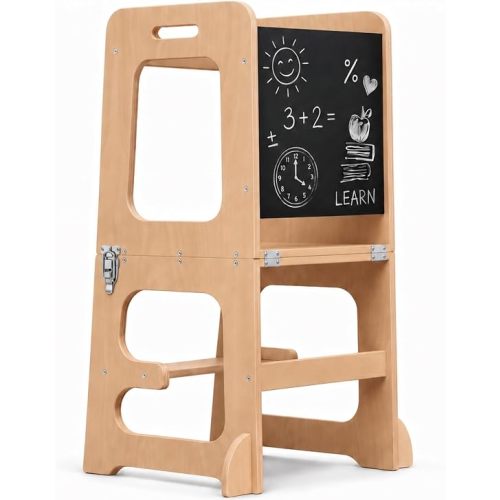 Avenlur Date 4-in-1 Foldable Tower - Toddler Step Stool with Chalkboard, Desk and Chair - Montessori and Waldorf Style Stool for Ages 18 Months to 6 Years