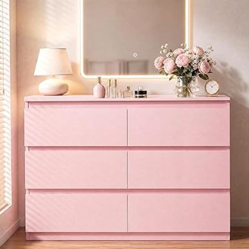 6 Drawer Double Dresser for Bedroom, Modern Simply Chest of Drawers, Wood Storage Dresser with Anti-Tipping for Living Room Hallway Entryway, Nursy Pink (15.3" D x 47.2" W x 32.3" H)