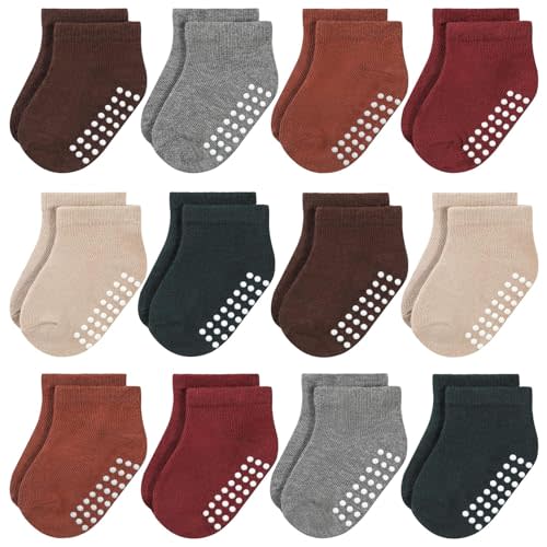 JAKIDAR 12 Pair Baby Toddler Socks Non-Slip Grip Cotton Ankle Socks for Boys Girls Non Skid Soles for Infants Kids