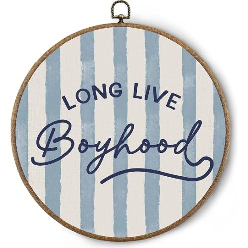 BitKAM Boy Nursery Round Wall Art Decor, Long Live Boyhood Canvas Prints Framed, Retro Blue Wall Hanging Decorations for Kids Boys Nursery Bedroom Playroom, 10x10 Inch Wall Home Décor Products
