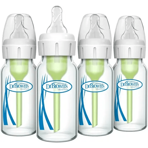 Dr. Brown's Natural Flow Anti-Colic Options+ Narrow Glass Baby Bottle 4 oz/120 mL, with Level 1 Slow Flow Nipple, 4 Pack, 0m+
