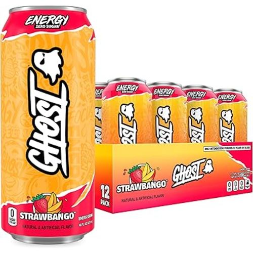 GHOST Energy Drink - 12-Pack, Strawbango, 16oz - Energy & Focus & No Artificial Colors - 200mg of Natural Caffeine, L-Carnitine & Taurine - Gluten-Free & Vegan