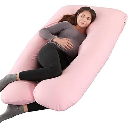 Amagoing Pregnancy Pillow, 57 Inch U Shaped Maternity Full Body Pillow for Sleeping, Support for Women with Hip, Leg, Back Pain, Washable Jersey Cover, Gift for Pregnant Women (Pink)