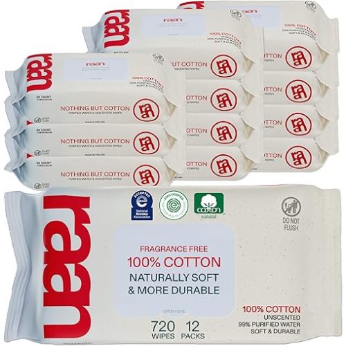 Raan, 100% Cotton Baby Wipes, Unbleached, 99% Purified Water, Fragrance Free, EWG verified, Made for Sensitive Skin, Naturally Soft and Durable, 12 pack, 720 Count
