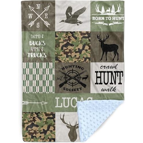 Personalized Baby Blanket – Custom Name Camo Plaid Minky Dotted Throw with Hunting Theme – Soft Outdoor Adventure Nursery Bedding for Boys