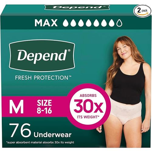 Depend Fresh Protection Adult Diapers, Incontinence & Postpartum Bladder Leak Underwear for Women, Disposable, Maximum, Medium, Blush, 76 Count (2 Packs of 38), Packaging May Vary