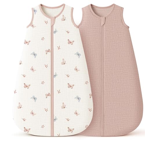 Konssy Muslin Baby Sleep Sack 0-6 Months 0.8 TOG, 2 Pack 100% Cotton Wearable Blanket for Babies, 2-Way Zipper Breathable Sleeping Sack Infant Toddler Essentials for Girls and Boys(Butterfly,Taupe)
