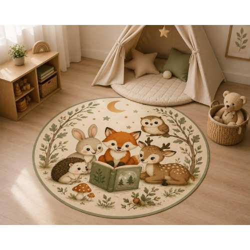 Woodland Animals Round Rug, Forest Nursery Decor, Storybook Baby Room, Neutral Woodland Kids Carpet