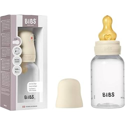 BIBS Baby Bottle 5 oz / 150 ml Natural Rubber Latex Nipple - Anti-Colic, BPA-Free, Round Nipple, Slow Flow, Lightweight & Easy to Clean, Suitable for Newborns 0+ Years - Ivory