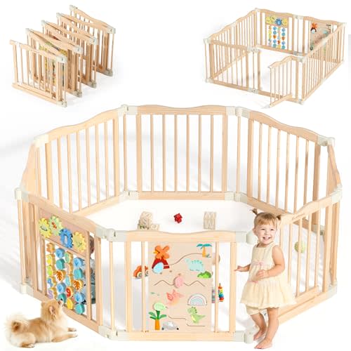 Foldable Wooden Playpen, 55 x 55 x 24 inches, Dino Land, Natural | Adjustable Wood Baby Play Yard with Child-Proof Lock, Indoor Large Safety Fence for Babies and Toddlers, Easy Assembly