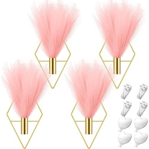 Hanaive 4 Sets Boho Gold Wall Decor Metal Wall Art Hanging Planters with Artificial Pampas Display Art Modern Home Metal Vase for Bedroom Living Room Home Office(Gold, Pink)