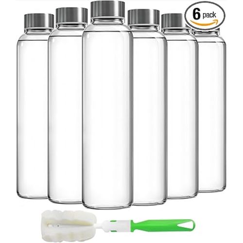 Epica Clear Glass Bottles with Lids 18oz Water Bottles, Steel Cap, 6-Pack