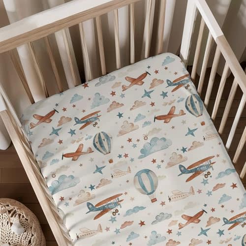 Plane Aircraft Hot Air Balloon Clouds Pattern Baby Sheets for Crib, Unisex Plane Transportation Theme Nursery Fitted Bed Sheet for Boys Girls Standard Crib and Toddler Mattress-28x52