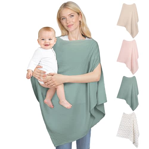 SheSeek Muslin Nursing Cover Up for Breastfeeding, Soft & Breathable Cotton Breast Feeding Cover for Women, Full Privacy Breastfeeding Cover - Newborn Baby Essential, Green