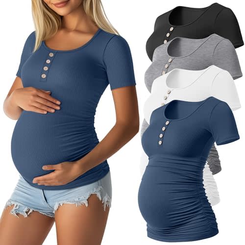 4 Pack Womens Maternity Shirts Scoop Neck Cotton Short Sleeve Ribbed Pregnancy Top Henley Side Ruched Mama Clothes