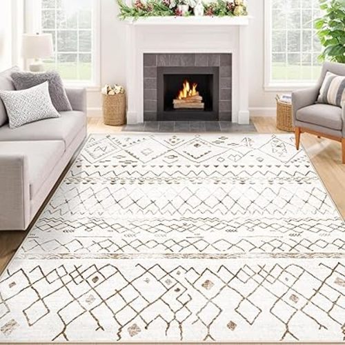 Area Rugs for Living Room 6x9: Washable Boho Geometric Rug Farmhouse Moroccan Rug Indoor Soft Non Slip Ultra Thin Carpet for Bedroom Dorm Dining Room Nursery Home Office (Brown, 6'x9')