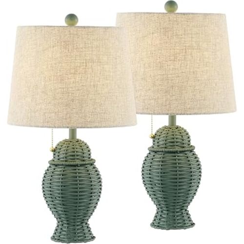 JONATHAN Y 20.5" Green Wicker Table Lamp Set of 2, Bohemian Rustic Farmhouse Bedside Lamps for Living Room, Nightstand Desk Lamps with Beige Linen Shade, LED Bulbs Included (JYL4041C-SET2)