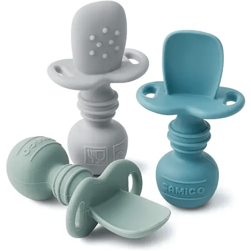 SAMiGO Silicone Baby Spoons Self Feeding 6+ Months - Infant Toddler Utensils - First Stage Baby Led Weaning Feeding Supplies - Set of 3 Pack