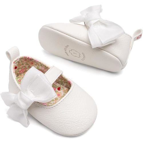 Meckior Newborn Baby Girls Dress Shoes Infant Bowknot Soft Sole Mary Jane Moccasins Baptism Christening Crib Shoes Wedding Princess Flats